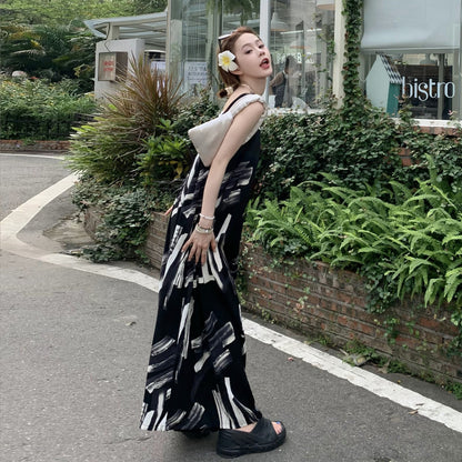 【ボトムス】夏新作 レトロ感漂う オーバーサイズ アートプリント キャミサロペット オールインワン【SHシリーズ】