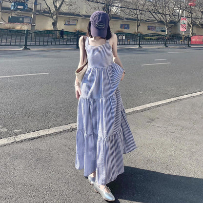 【ワンピース】ストライプ柄 ノースリーブ ワンピース 夏 フレンチ風 キャミソール ゆったり カジュアル ビーチ バカンス【SHシリーズ】