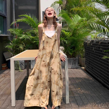 【ボトムス】夏 ゆったりカジュアル お洒落なアート風 山水画プリント ベージュ系オールインワン【SHシリーズ】
