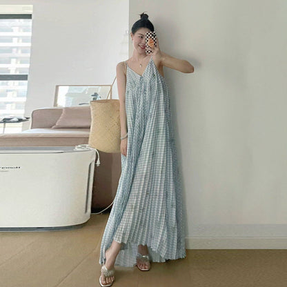 【ワンピース】フレンチ レトロ ノースリーブワンピース｜キャミソール ロング丈 海辺 リゾート ビーチ 映えドレス｜上品 高級感【SHシリーズ】