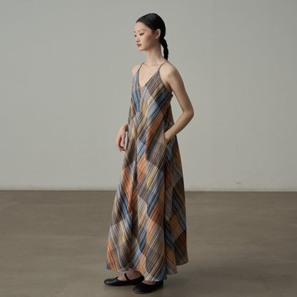 【ワンピース】フレンチヴィンテージ風 ロマンチック カラーヤーンチェック柄 ノースリーブ オフショルダーワンピース【SHシリーズ】