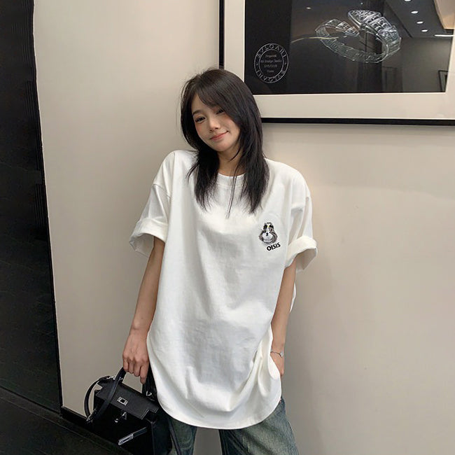 【トップス】レトロカジュアル ドッグ刺繍Tシャツ コットン半袖 オーバーサイズ ゆるっとシルエット リラックス感【FCシリーズ】