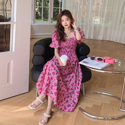 【ワンピース】夏 フレンチエレガンス ゆったりスクエアネック パフスリーブ シェイプアップ 半袖フラワープリントワンピース【SHシリーズ】