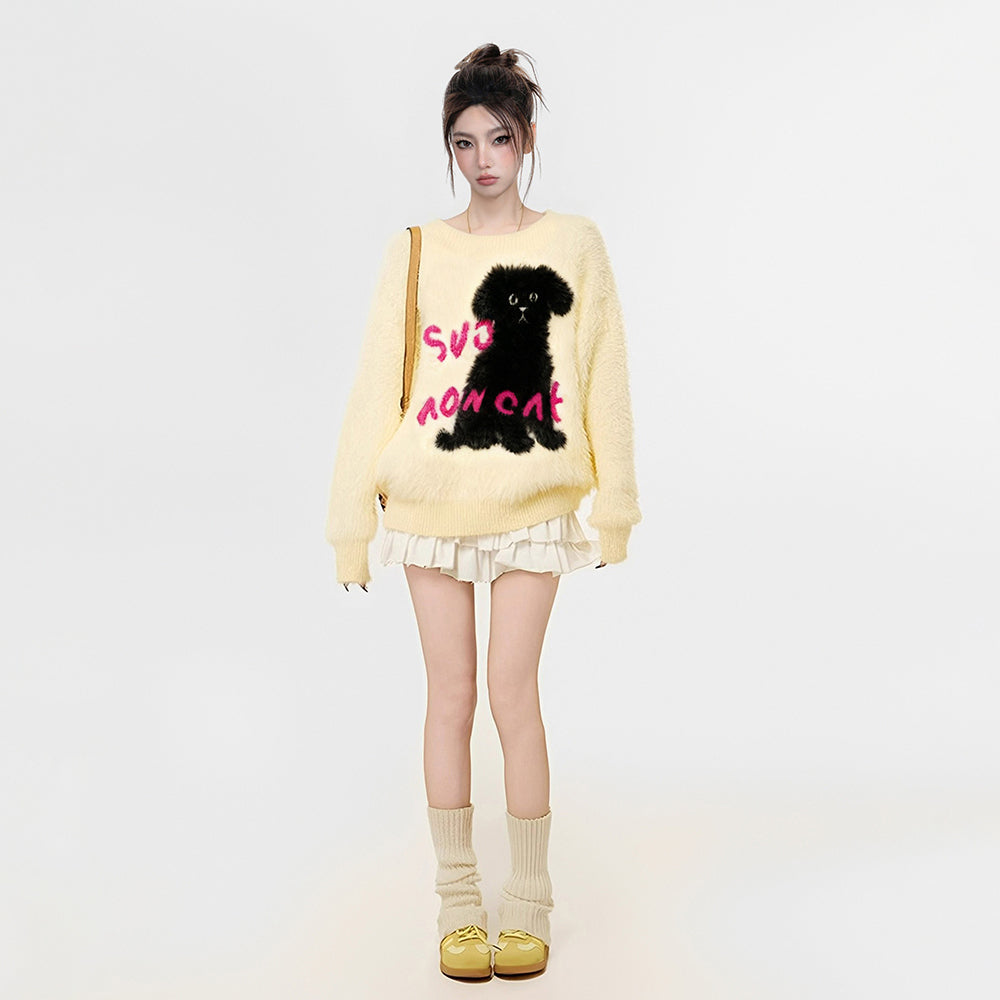【トップス】小犬モチーフ マハラム風 ニット レディース 秋冬 厚手 ふんわり ミンク風 クルーネック セーター【FCシリーズ】