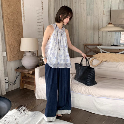 【トップス】ヴィンテージ風水墨プリント フリルネックホルタートップス 夏 シフォン素材【SHシリーズ】