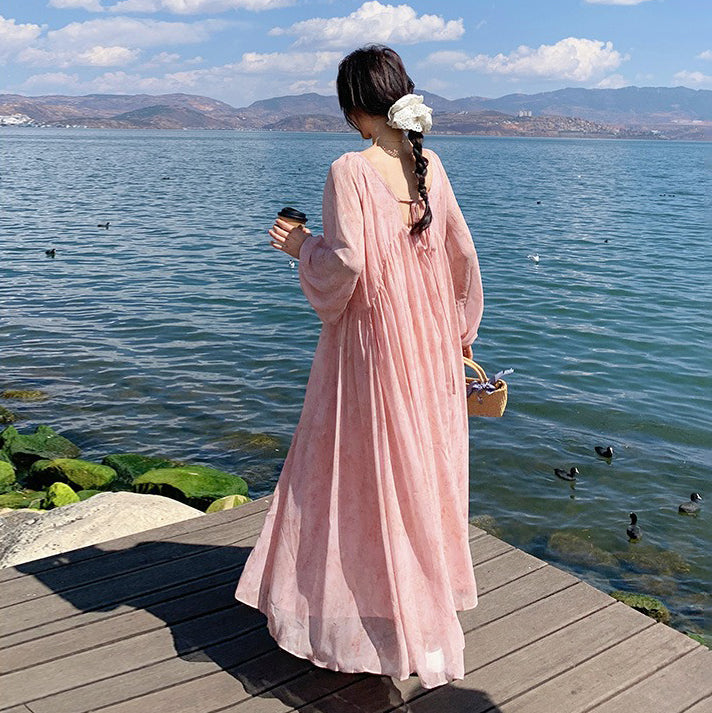 【ワンピース】フェミニン 長袖 花柄ワンピース レディース 春夏秋 シフォン バックオープン ロング丈【SHシリーズ】