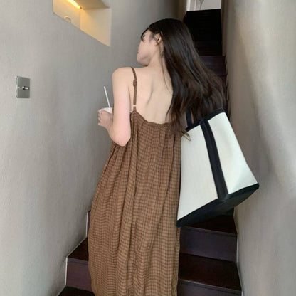 【ワンピース】フレンチ レトロ チェック キャミワンピース レディース 夏 リゾート 海辺 こなれ感 上品 ノースリーブ ロングワンピース【JZシリーズ】