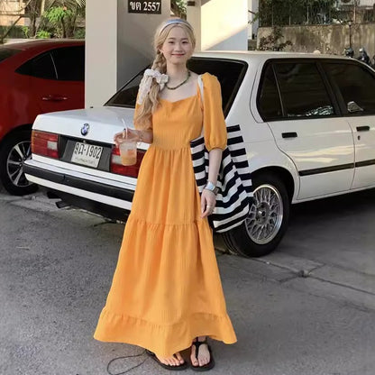 【ワンピース】韓国風 気質 美白効果 スタイルアップ 無地 半袖ワンピース 夏 スイートレディ風 リゾートコーデ