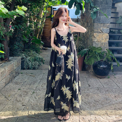 【ワンピース】ビーチ風 ブラック プリント キャミワンピース レディース 夏 ゆったり こなれ感 上品 ロングワンピース【SHシリーズ】