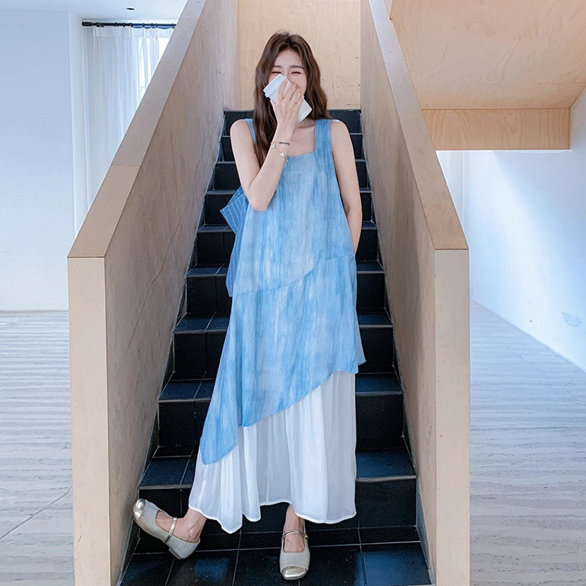 【ワンピース】夏 レディース ブルータイダイ ノースリーブ ワンピース 配色 染め柄 大人可愛い 体型カバー ファッション【SHシリーズ】