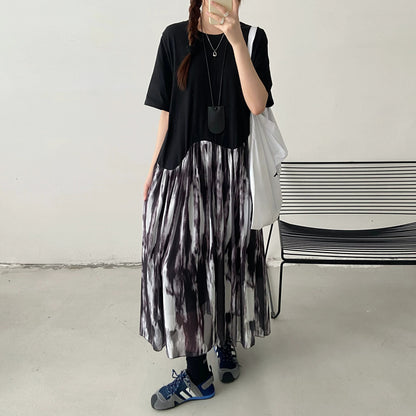 【ワンピース】レイヤード風ロングTシャツワンピース レディース 夏 ブラック グラデーションデザイン 半袖 ゆったり体型カバー カジュアルワンピース【JZシリーズ】