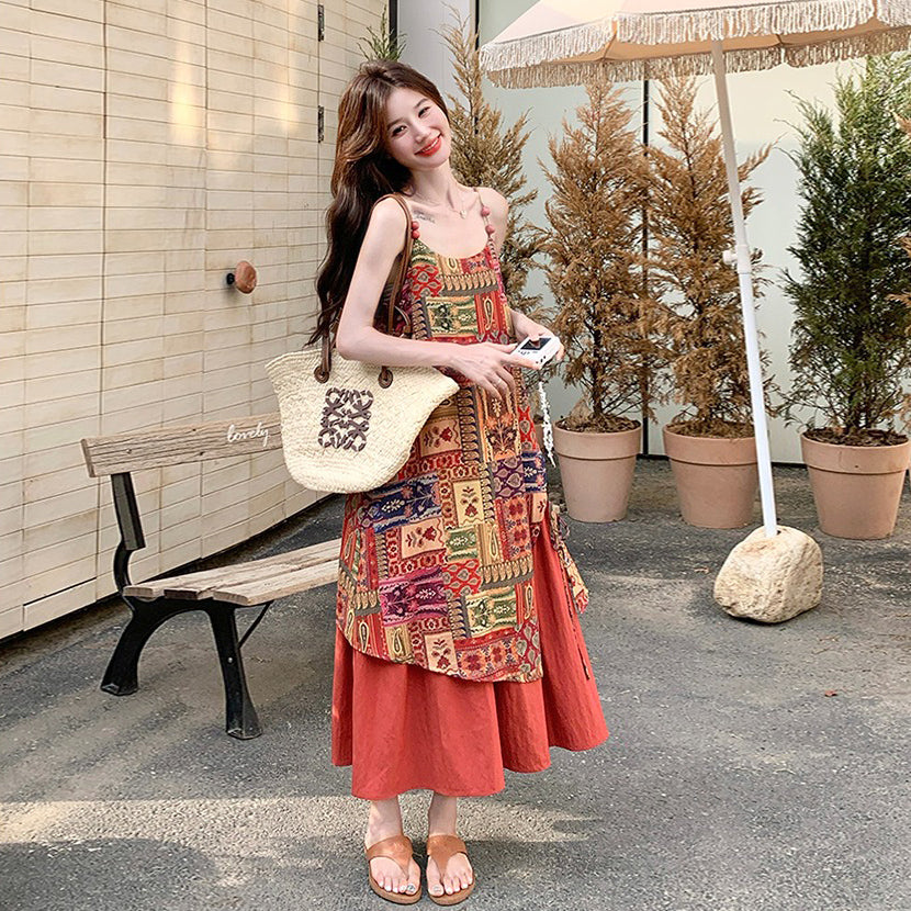 【ワンピース】民族風 夏新作 ゆったり＆細見え 花柄ノースリーブキャミワンピース【SHシリーズ】