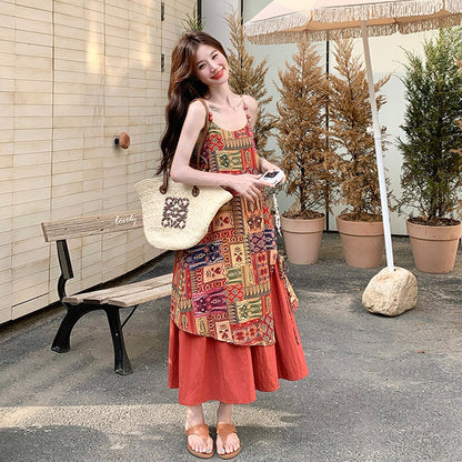 【ワンピース】民族風 夏新作 ゆったり＆細見え 花柄ノースリーブキャミワンピース【SHシリーズ】