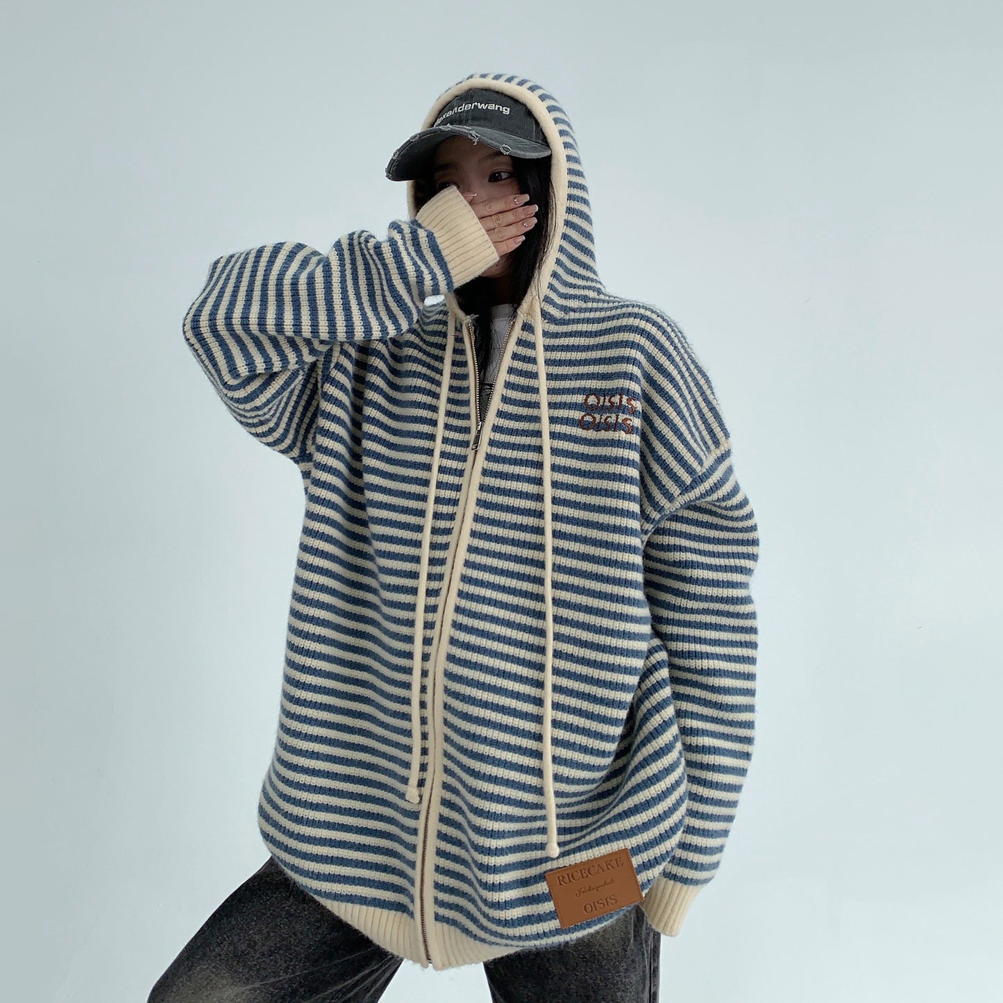 【トップス】ゆるレトロ感♡厚手ボーダーニットパーカー カーディガン レディース 冬の定番アイテム【FCシリーズ】