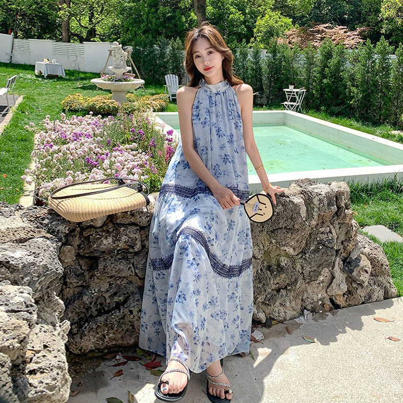 【ワンピース】ボヘミアン風 花柄シフォンワンピース レディース 夏新作 ホルターネック ノースリーブ ロング丈 マキシ丈 体型カバー リゾートワンピ【SHシリーズ】