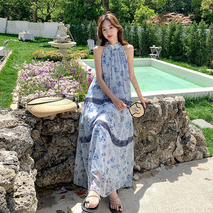 【ワンピース】ボヘミアン風 花柄シフォンワンピース レディース 夏新作 ホルターネック ノースリーブ ロング丈 マキシ丈 体型カバー リゾートワンピ【SHシリーズ】