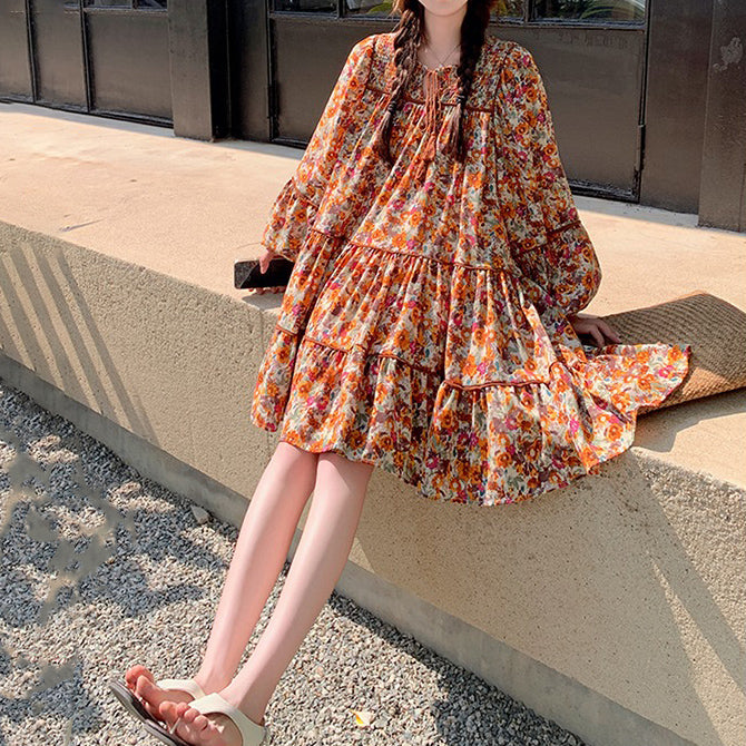 【ワンピース】ボヘミアン風 ファッション ビーチ 日焼け防止 フラワープリント 長袖ワンピース【SHシリーズ】