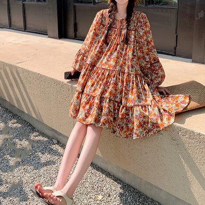 【ワンピース】ボヘミアン風 ファッション ビーチ 日焼け防止 フラワープリント 長袖ワンピース【SHシリーズ】