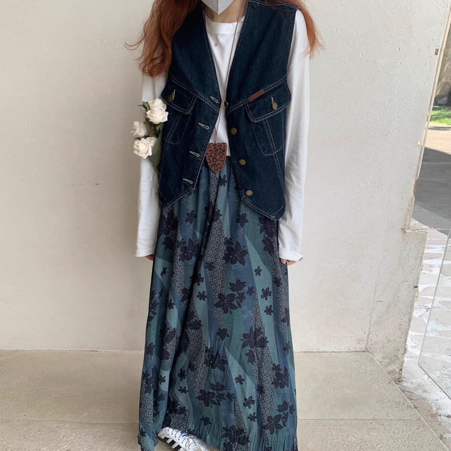 【ボトムス】レトロ配色 花柄プリント スカート ハイウエスト 秋新作 カジュアル フェミニン【SHシリーズ】