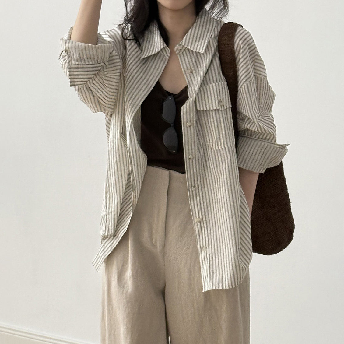 【トップス】カジュアル ヴィンテージ 夏 ゆったり 日焼け防止 ラフなストライプ 長袖シャツ【JZシリーズ】