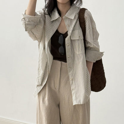 【トップス】カジュアル ヴィンテージ 夏 ゆったり 日焼け防止 ラフなストライプ 長袖シャツ【JZシリーズ】