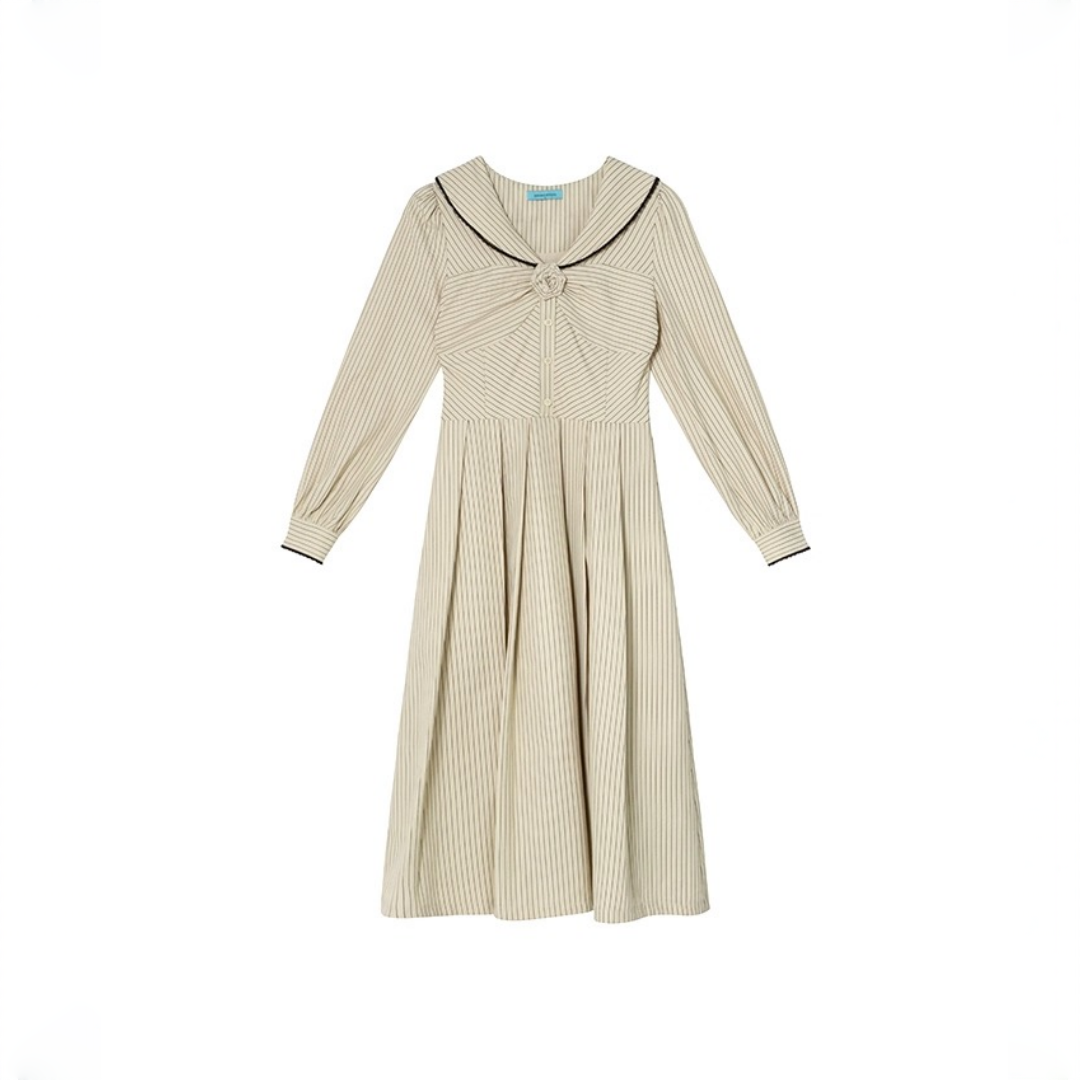 【ワンピース】春 秋 セーラーカラー ストライプ デザイン感 ロング丈 長袖 ワンピース 【JZシリーズ】