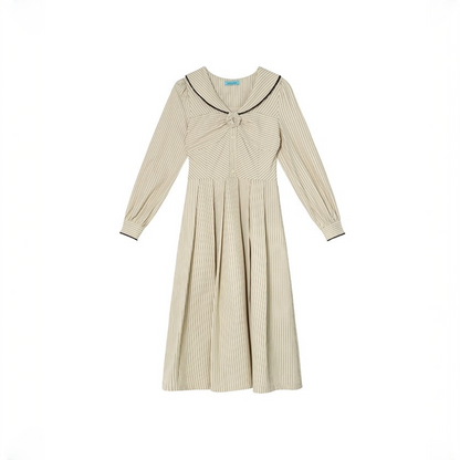 【ワンピース】春 秋 セーラーカラー ストライプ デザイン感 ロング丈 長袖 ワンピース 【JZシリーズ】