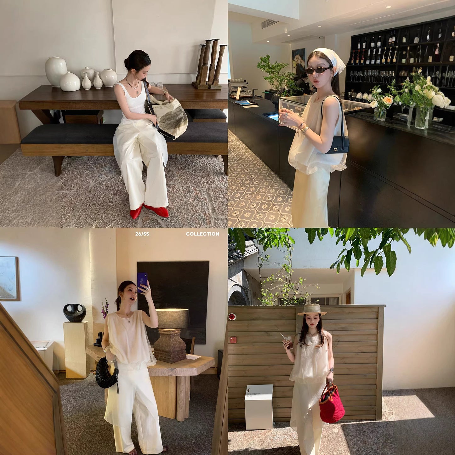 【セットアップ】【単品注文】オールホワイト メッシュレイヤード ノースリーブ トップス パンツ 上下セット ナチュラル モード【JZシリーズ】