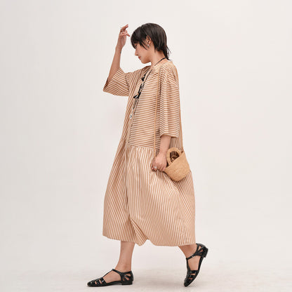 【ワンピース】夏新作 ストライプ切り替え ラウンドネックワンピース 七分袖 ゆったり着痩せロングドレス【JZシリーズ】【SHシリーズ】