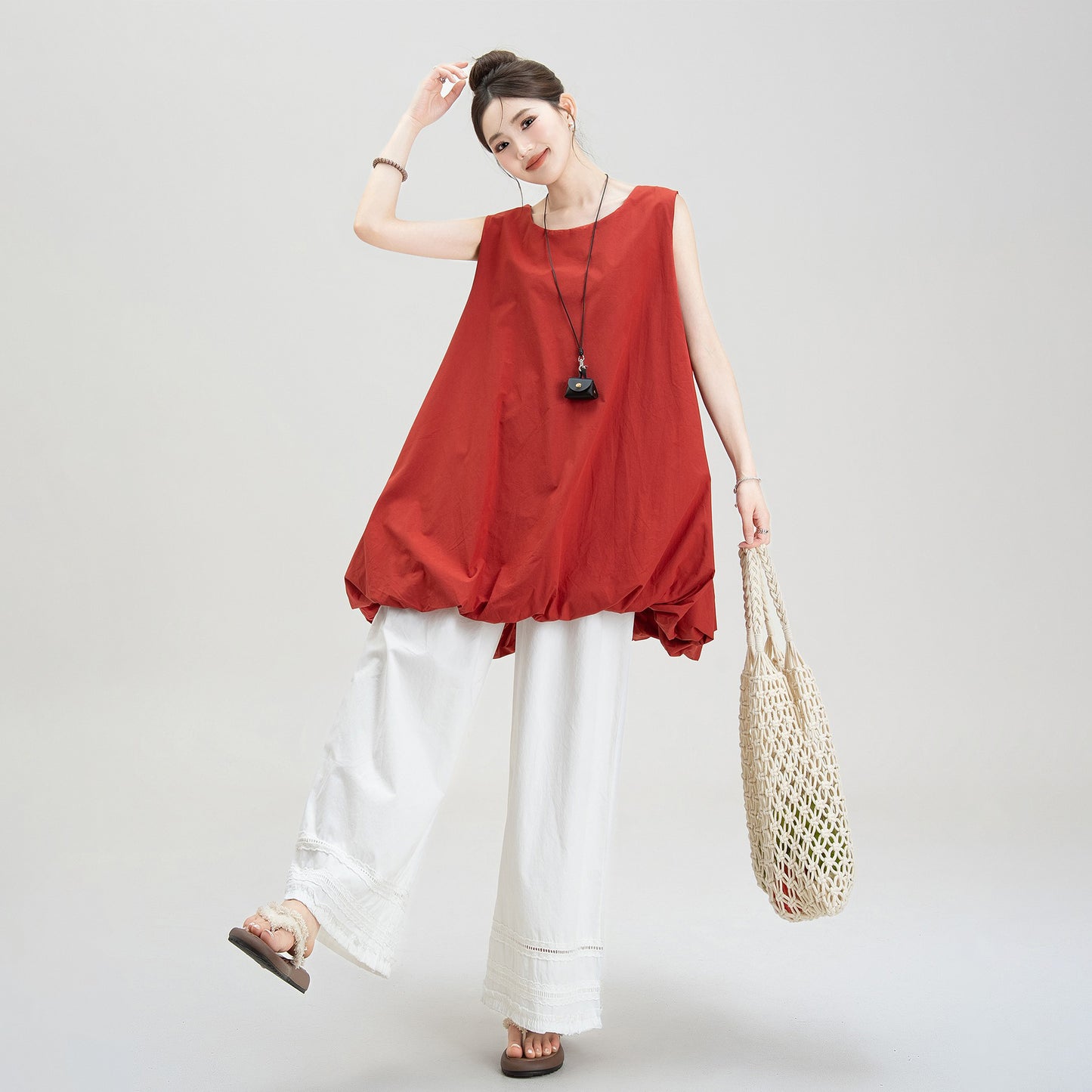 【ワンピース】夏新作 ゆったりカジュアル ノースリーブバルーンシルエットワンピース【JZシリーズ】