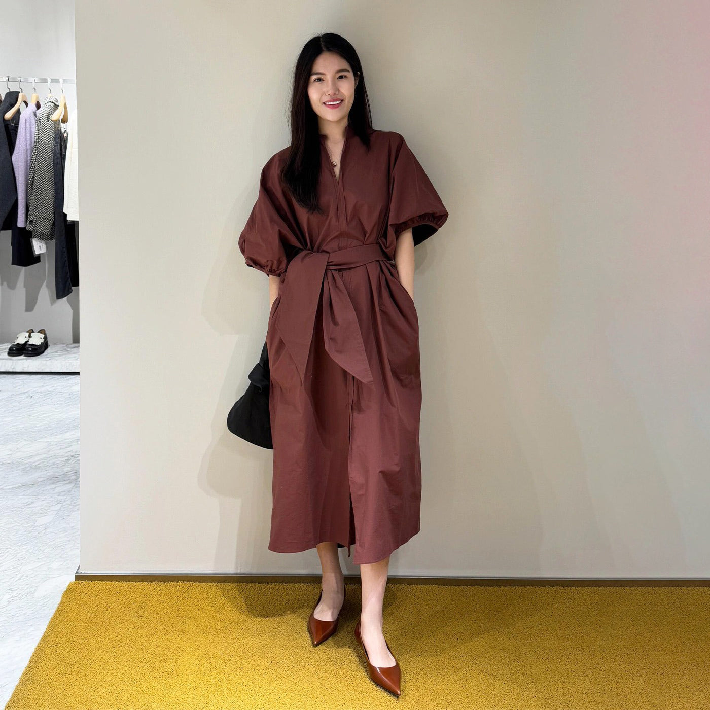 【ワンピース】フレンチレトロ  リボンウエストマーク パフスリーブ シャツワンピース エレガント Vネック 半袖ワンピース【JZシリーズ】