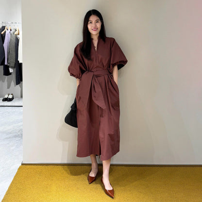 【ワンピース】フレンチレトロ  リボンウエストマーク パフスリーブ シャツワンピース エレガント Vネック 半袖ワンピース【JZシリーズ】