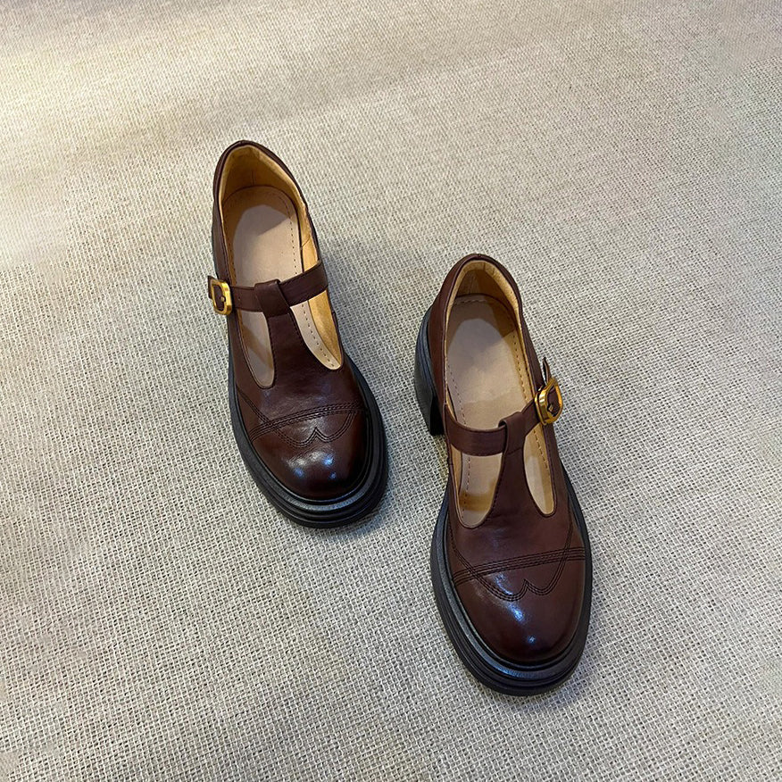 【シューズ】厚底チャンキーヒール  ヴィンテージ レディース シューズ ローファー 丸トゥパンプス メリージェーンシューズ