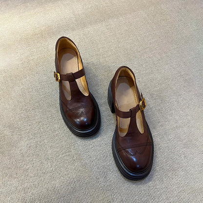 【シューズ】厚底チャンキーヒール  ヴィンテージ レディース シューズ ローファー 丸トゥパンプス メリージェーンシューズ