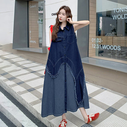【ワンピース】フェイクレイヤードデニムノースリーブワンピース レディース 夏新作 韓国風 おしゃれロングドレス【JZシリーズ】