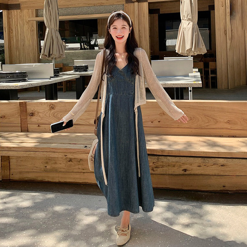 2点セット！【セットアップ】フレンチ風 ニットカーディガン＋デニムキャミワンピース セットレディース 秋新作 若見え 優雅 人気