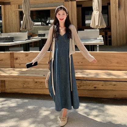 2点セット！【セットアップ】フレンチ風 ニットカーディガン＋デニムキャミワンピース セットレディース 秋新作 若見え 優雅 人気