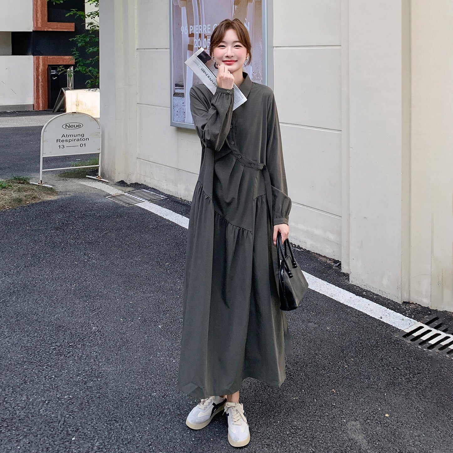 【ワンピース】秋新作 長袖ワンピース レディース 韓国風 ヘップバーン風 細見え 大人可愛い ロング丈【JZシリーズ】