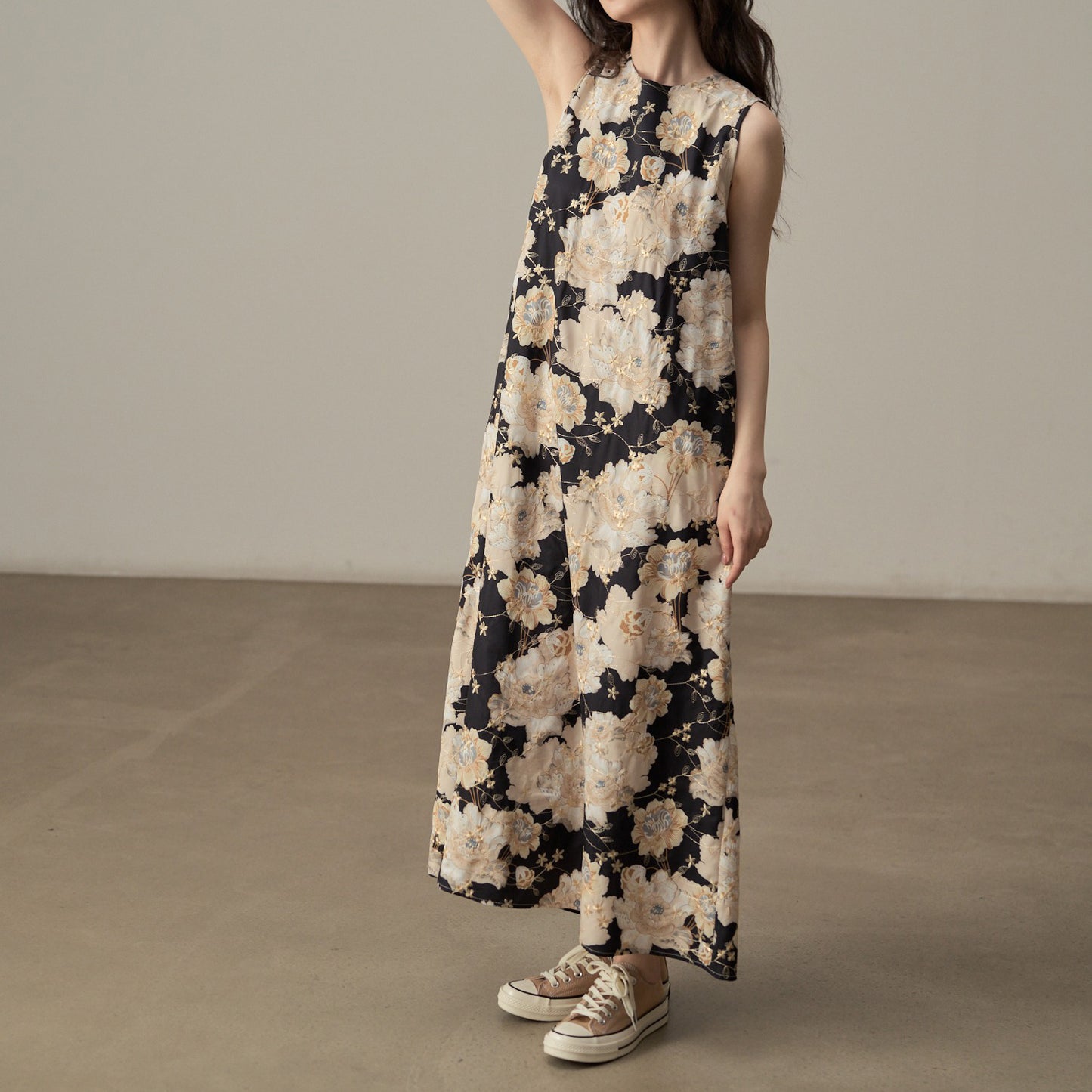 【ワンピース】フレンチレトロ 刺繍プリント 気質キャミワンピース ミモレ丈 ノースリーブワンピース【SHシリーズ】【JZシリーズ】