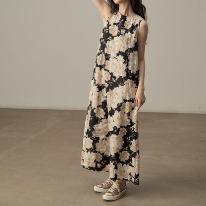 【ワンピース】フレンチレトロ 刺繍プリント 気質キャミワンピース ミモレ丈 ノースリーブワンピース【SHシリーズ】【JZシリーズ】