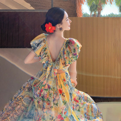 【ワンピース】リゾート風 アートプリントワンピース レディース 夏 Vネック ロング丈 ビーチワンピース ゆったり ノースリーブ シルエット【SHシリーズ】