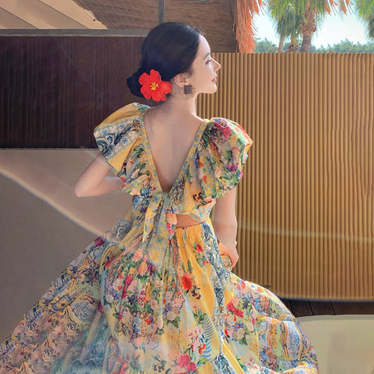 【ワンピース】リゾート風 アートプリントワンピース レディース 夏 Vネック ロング丈 ビーチワンピース ゆったり ノースリーブ シルエット【SHシリーズ】