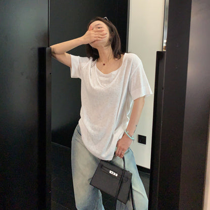 【トップス】ダブルVネック 半袖Tシャツ レディース ミニマル 上品見え ショート丈 きれいめ リラックス感【FCシリーズ】