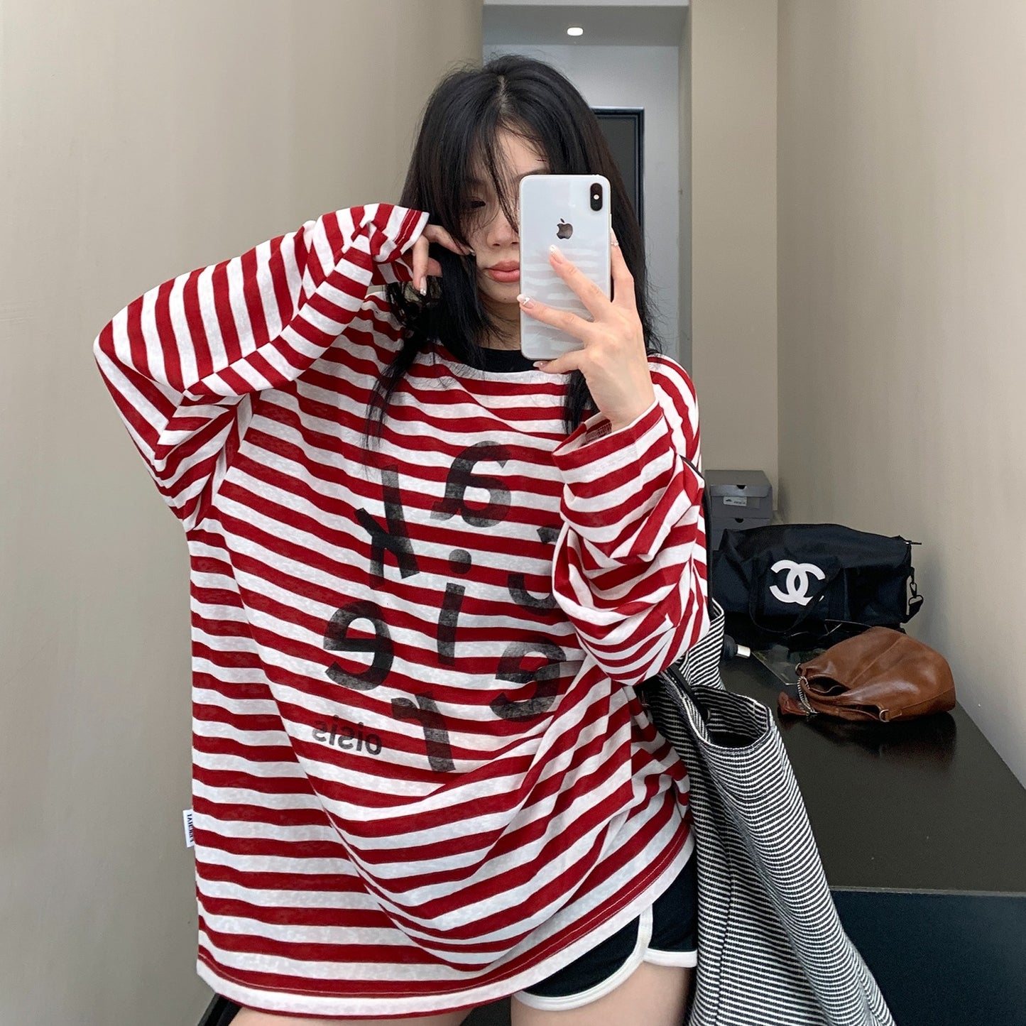 【トップス】春 秋 冬 ヴィンテージ加工 アルファベット ストライプ柄 Ｔシャツ 【FCシリーズ】