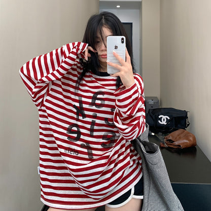 【トップス】春 秋 冬 ヴィンテージ加工 アルファベット ストライプ柄 Ｔシャツ 【FCシリーズ】