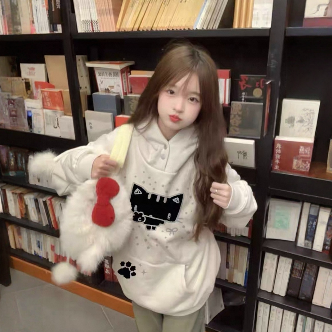 【トップス】韓国風 ゆったり 子猫プリント ボタン付き パーカー【FCシリーズ】