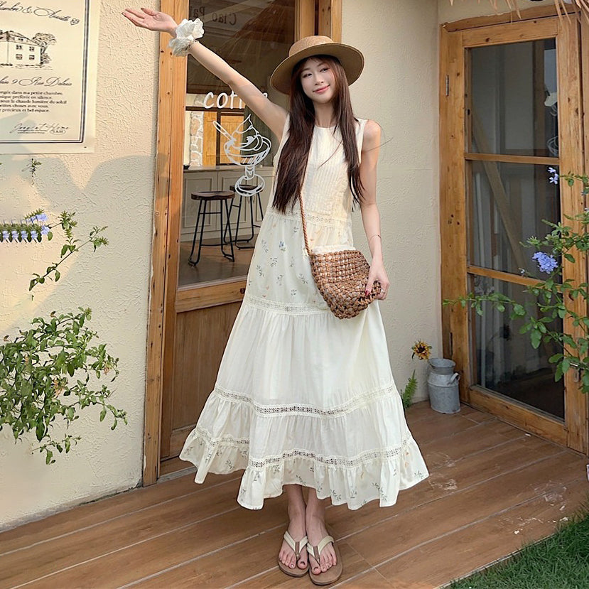 【ワンピース】フレンチ風 レース切替 花柄 ノースリーブワンピース レディース 夏 ゆったり Aライン ロングワンピース 体型カバー 大人可愛い【SHシリーズ】