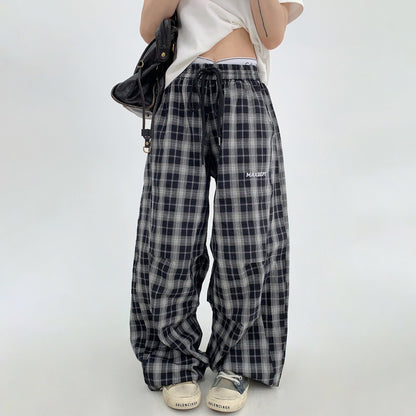 【ボトムス】アメリカン ヴィンテージ風 リラックス 感のある 薄手 チェック柄 ストレート ワイド パンツ【FCシリーズ】