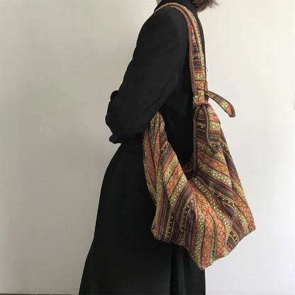 【バッグ】2WAY ヴィンテージ民族刺繍＆ストライプ キャンバス大容量バッグ ボディバッグ/ショルダーバッグ【SHシリーズ】