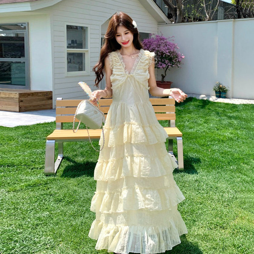 【ワンピース】夏新作 ノースリーブ ティアードワンピース ミルク系 やさしい雰囲気 若見え ロングドレス【SHシリーズ】